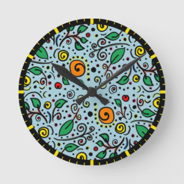 フラワーパターンオレンジのスワールベリーティール（緑がかった色）- ラウンド壁時計