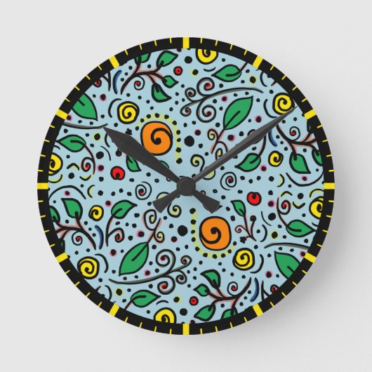 フラワーパターンオレンジのスワールベリーティール（緑がかった色）- ラウンド壁時計 (正面)