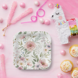 フラワーパターンスケッチパステルカラー ペーパープレート