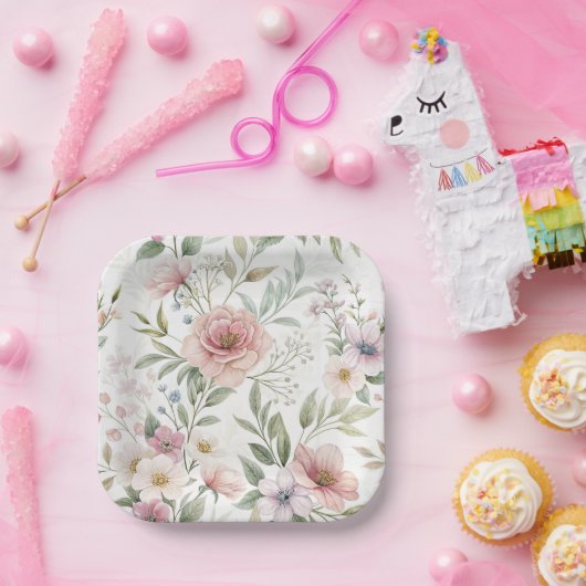 フラワーパターンスケッチパステルカラー ペーパープレート (パーティー)