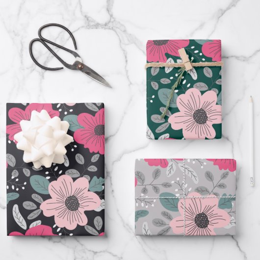 フラワーパターン包装紙フラットシートセット3 ラッピングペーパーシート (正面)