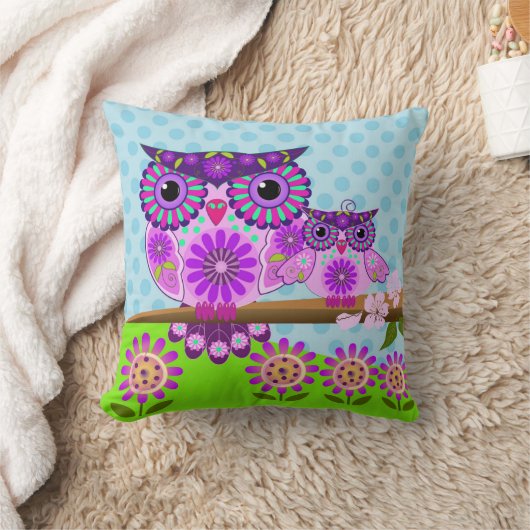 フラワーパワーのフクロウおよび彼女のowlet クッション (ブランケット)