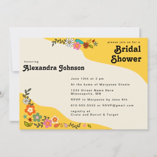 フラワーパワーイエロー70のインスパイアブライダルシャワー 招待状 (正面)