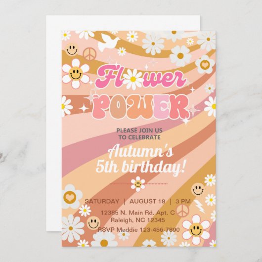 フラワーパワーグルービーガール5th誕生日招待状。 招待状 (正面/裏面)