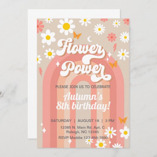 フラワーパワーグルービーガール8th誕生日招待状。 招待状 (正面/裏面)