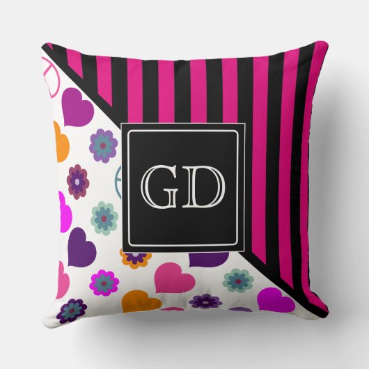 フラワーパワーハートピースパターン+バックグランス。 クッション (裏面)