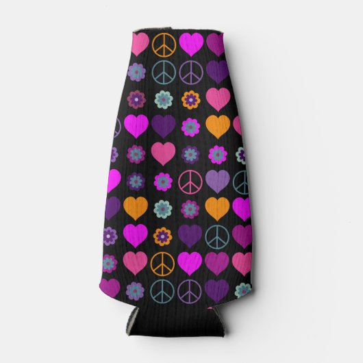 フラワーパワーハートピースパターン+バックグランス。 ボトルクーラー (正面)