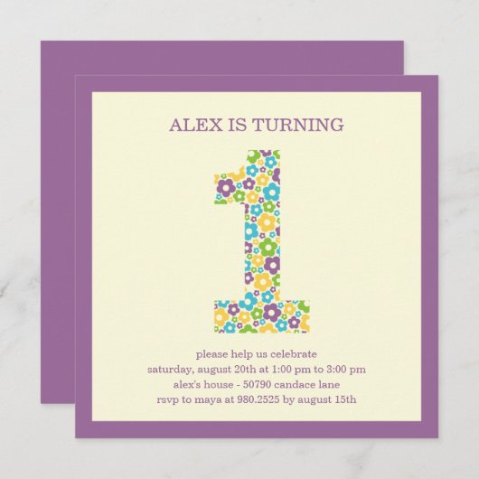 フラワーパワーファースト誕生日招待状 – 紫 招待状 (正面/裏面)