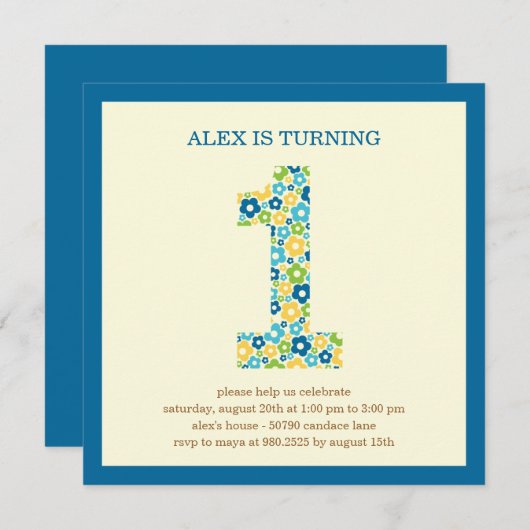 フラワーパワーファースト誕生日招待状-青 招待状 (正面/裏面)