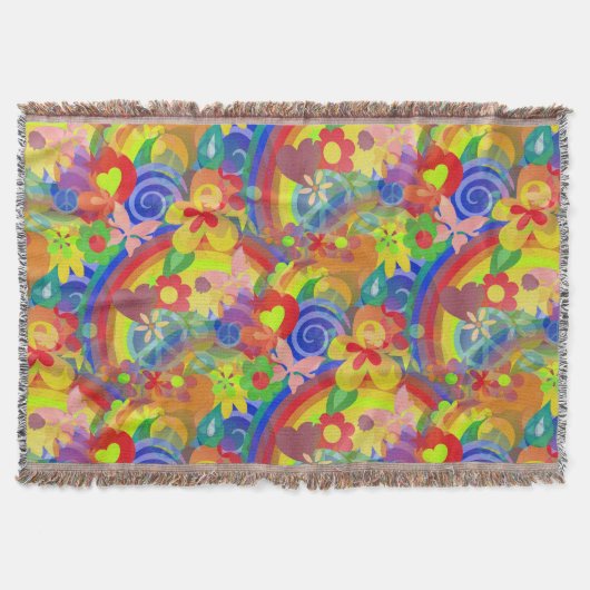 フラワーパワーレインボーパターン+あなたのアイディア スローブランケット (正面)