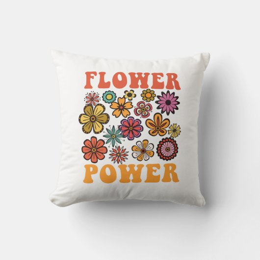 フラワーパワーレトロフローラヴィンテージイエローオレンジ クッション (正面)