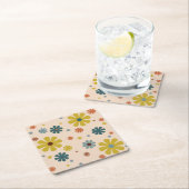 フラワーパワーレトロ60sパターンマスタードブルーオレンジ スクエアペーパーコースター (インサイチュ)