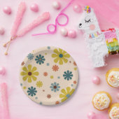 フラワーパワーレトロ60sパターンマスタードブルーオレンジ ペーパープレート (パーティー)