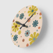 フラワーパワーレトロ60sパターンマスタードブルーオレンジ ラウンド壁時計 (傾斜)
