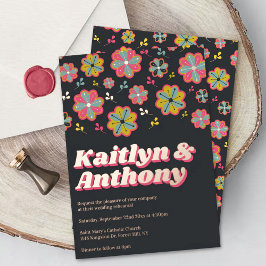 フラワーパワー70のレトロGroovyの結婚リハーサル 箔招待状