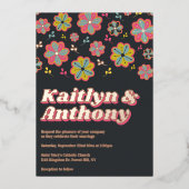 フラワーパワー70のレトロGroovy結婚の実在製品 箔招待状 (正面)