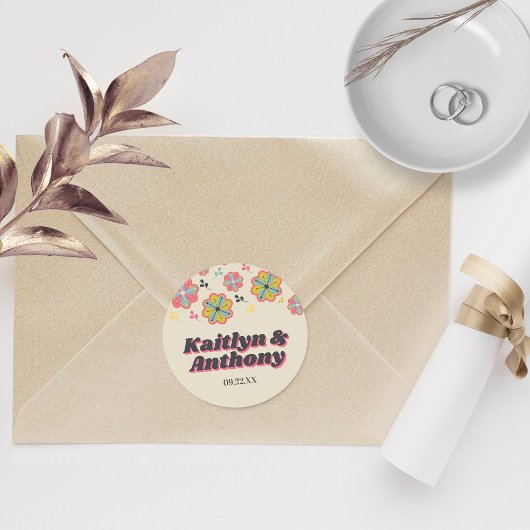 フラワーパワー70のレトロGroovy 結婚's ラウンドシール