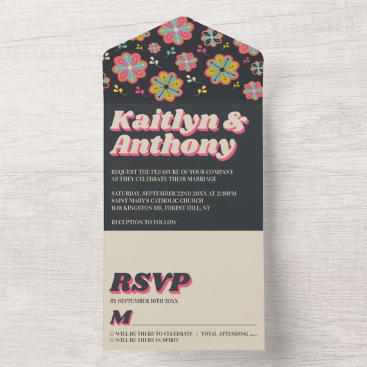 フラワーパワー70年代レトログルービーウェディング オールインワン招待状 (内側)