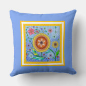 フラワーパワー!青い背景にカラフルな花のペイント クッション (裏面)