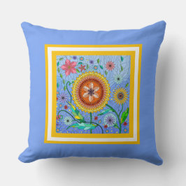フラワーパワー！青い背景にカラフルな花のペイント クッション