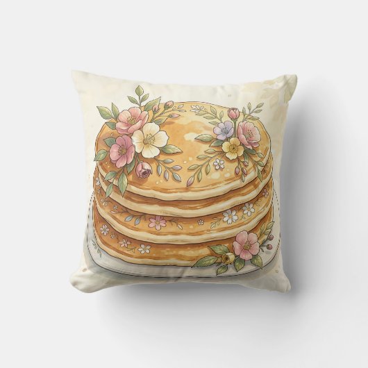 フラワーパンケーキの重ね 水彩画 クッション (正面)