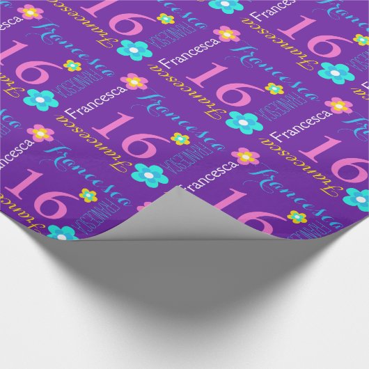 フラワーパーソナライズされたネーム16歳の誕生日の折り返し ラッピングペーパー (角)