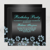 フラワーパーティーブラック/ブルー誕生日招待状 招待状 (正面/裏面)