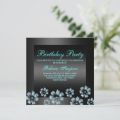 フラワーパーティーブラック/ブルー誕生日招待状 招待状 (スタンド正面)