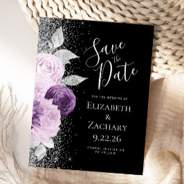 フラワーパープルラベンダーブラックシルバーグリッター ポストカード