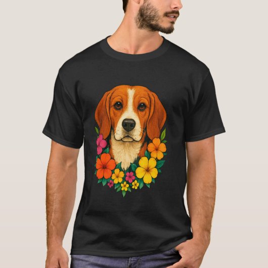 フラワービーグル犬の肖像 春の花 夏 Tシャツ (正面)