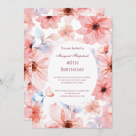 フラワーピンクお誕生日パーティー 招待状 (正面/裏面)