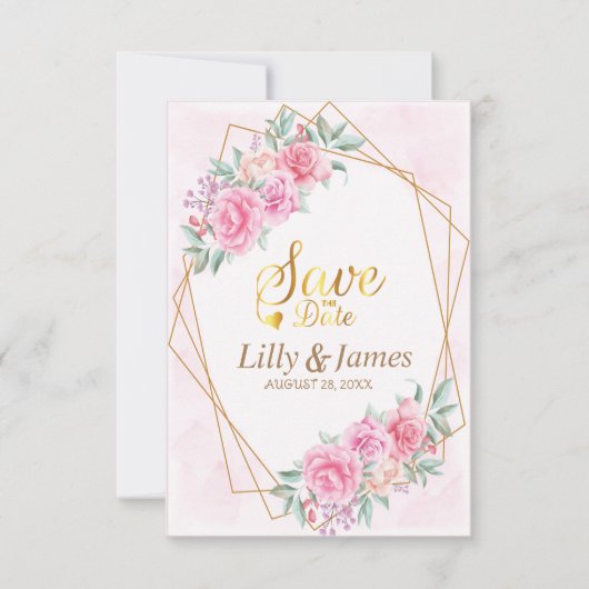 フラワーピンクのウェディング セーブザデート (正面)