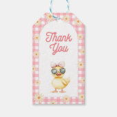 フラワーピンクのギンガムダックの誕生日タグ ギフトタグ (正面)