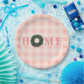 フラワーピンクのブラッシュ「HOME」タイポグラフィー ファームハウス ペーパープレート (パーティー)