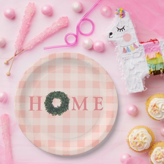 フラワーピンクのブラッシュ「HOME」タイポグラフィー ファームハウス ペーパープレート (パーティー)