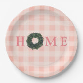 フラワーピンクのブラッシュ「HOME」タイポグラフィー ファームハウス ペーパープレート (正面)