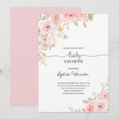 フラワーピンクの水彩ガールベイビーシャワー 招待状 (正面/裏面)