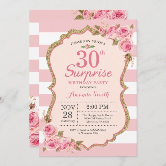 フラワーピンクの芍薬サプライズパーティー30歳の誕生日 招待状 (正面/裏面)