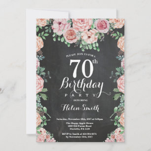 フラワーピンクの芍薬 70歳の誕生日 ブラックボード 招待状