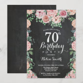 フラワーピンクの芍薬 70歳の誕生日 ブラックボード 招待状 (正面/裏面)