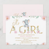 フラワーピンクガールエレファントベビーシャワー招待状 招待状 (正面/裏面)