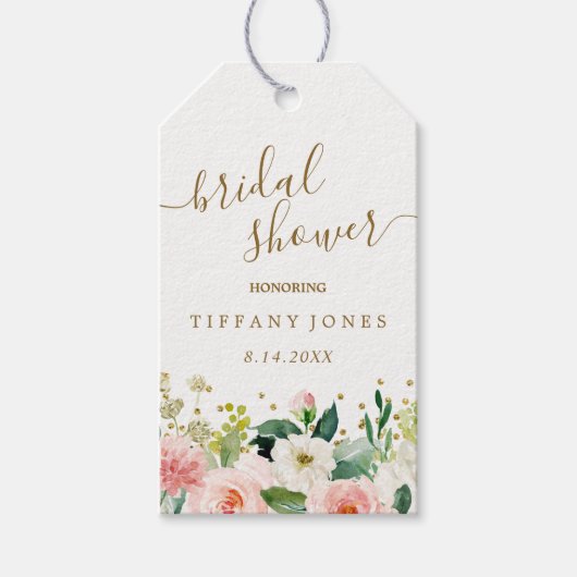 フラワーピンクゴールドのコンフェッティ ブライダルシャワー ギフトタグ (正面)