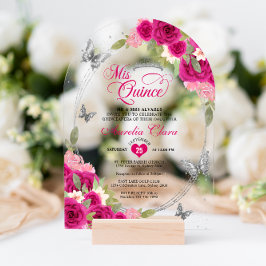 フラワーピンクシルバーバタフライQuinceañeraアーチ アクリル招待状