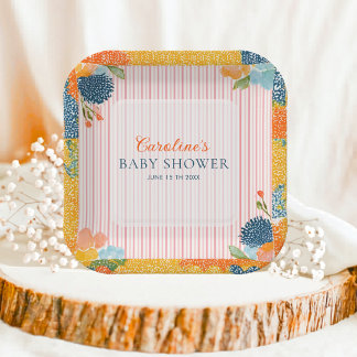 フラワーピンクストライプのBaby+in+Bloomベビーシャワー ペーパープレート