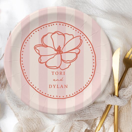 フラワーピンクストライプ結婚の ペーパープレート