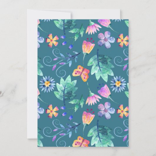 フラワーピンクティール(緑がかった色)ブルーフローラベビーシャワー 招待状 (裏面)