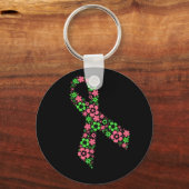 フラワーピンクリボンキーチェーン – 黒 キーホルダー (正面)