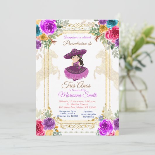 フラワーピンク&金ゴールドトレアノスメキシコ 招待状 (スタンド正面)