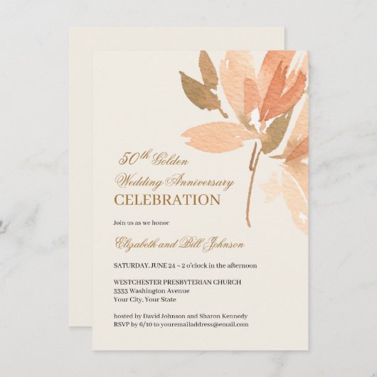 フラワーピーチクリームゴールド 50周年結婚記念日 招待状 (正面/裏面)