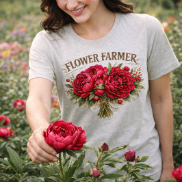 フラワーファーマー ビンテージ・ピオニー・ブーケ レトロな花のデザイン トライブレンドＴシャツ